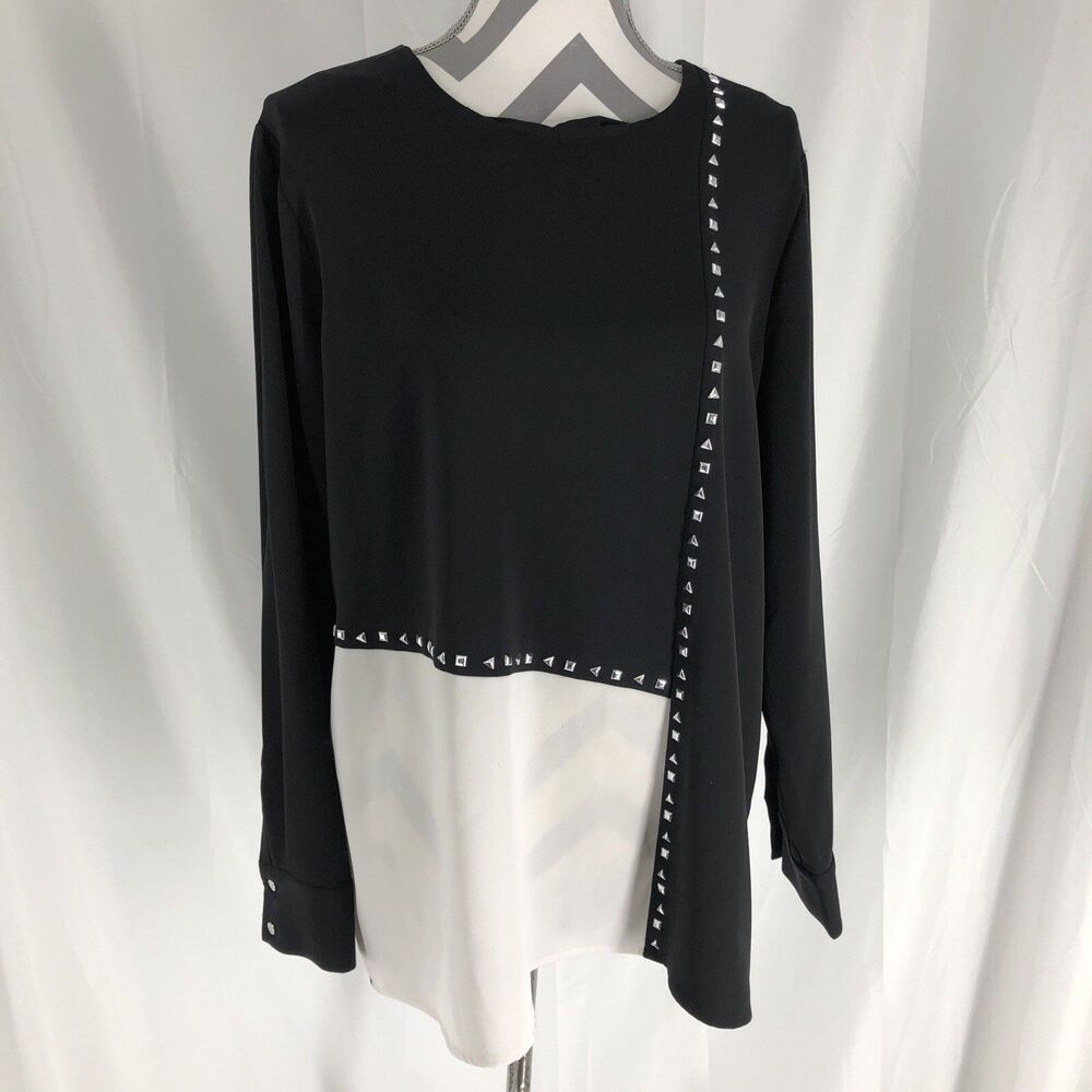 Calvin Klein Women's Colorblocked Black White Studded Long Sleeve Top Blouse XL